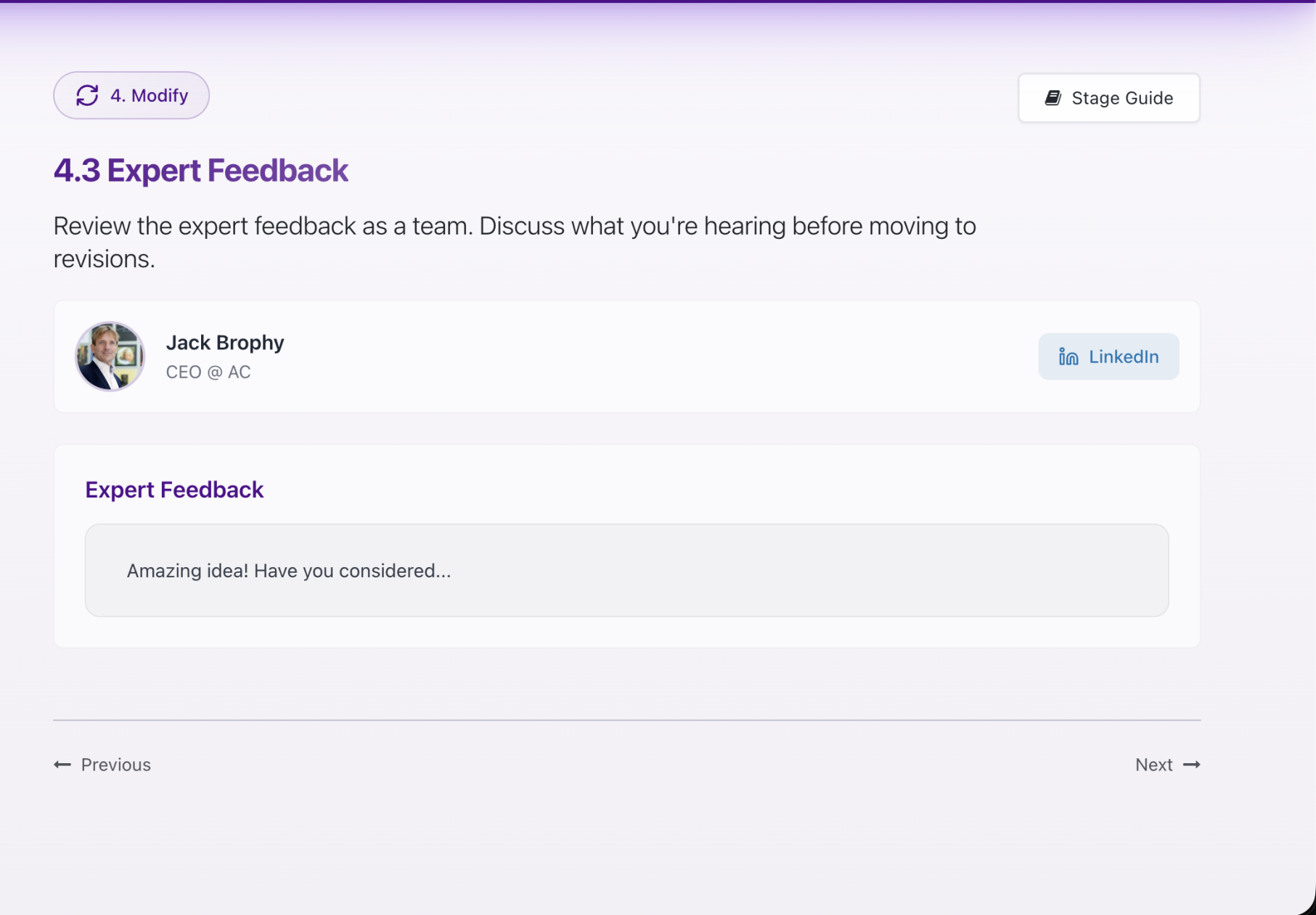 Design dashboard mockup showing stages and guidance