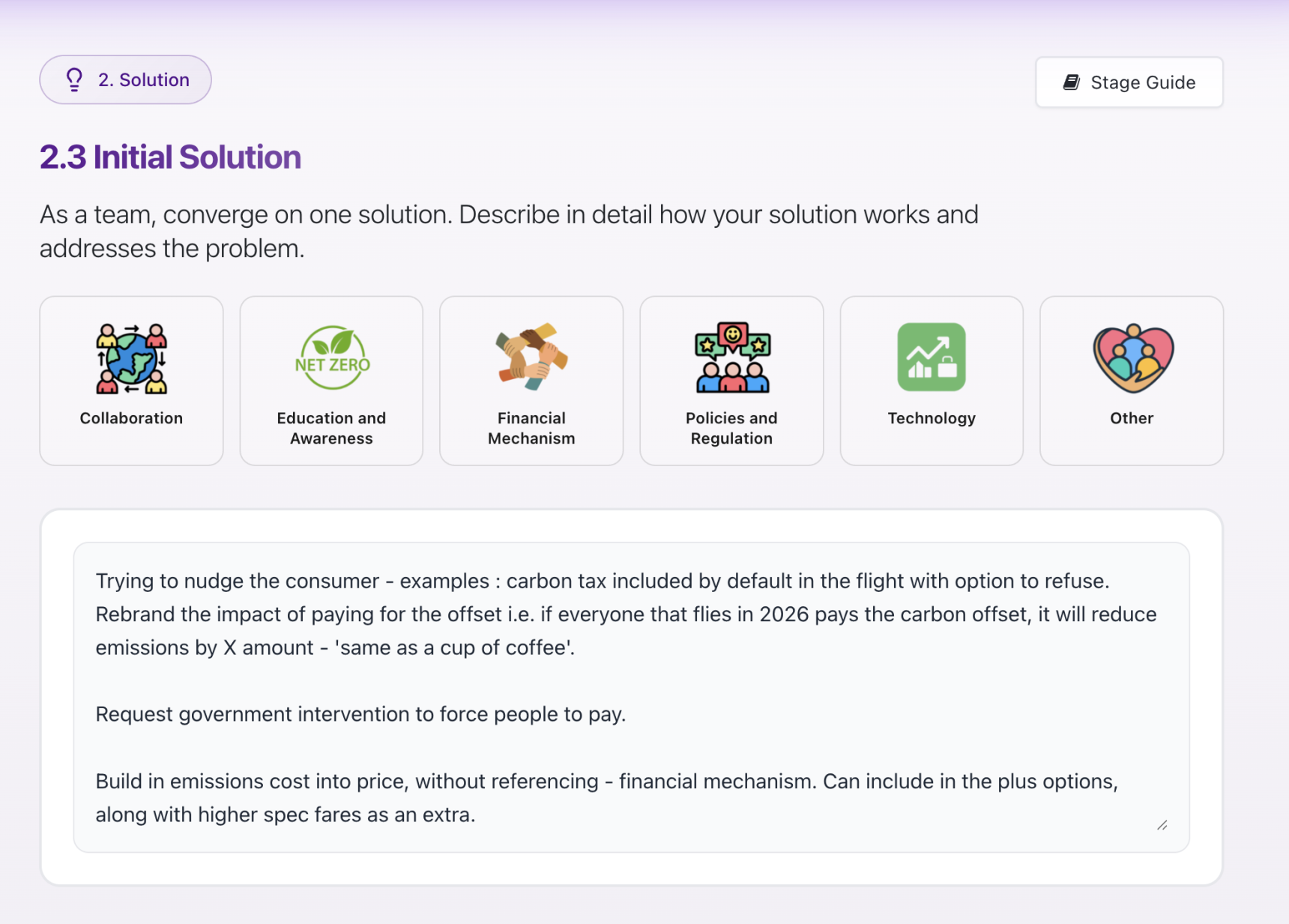 Design dashboard mockup showing stages and guidance