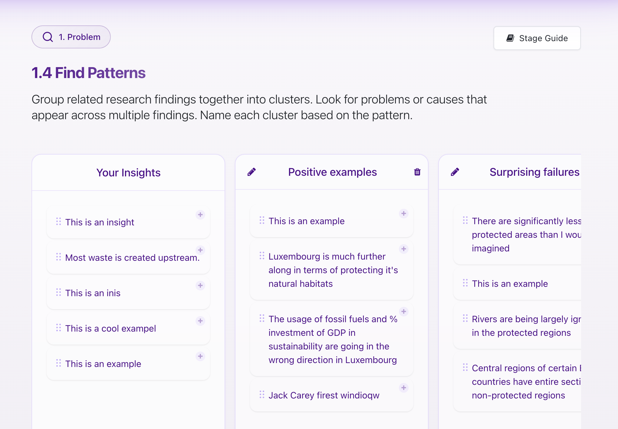 Design dashboard mockup showing stages and guidance